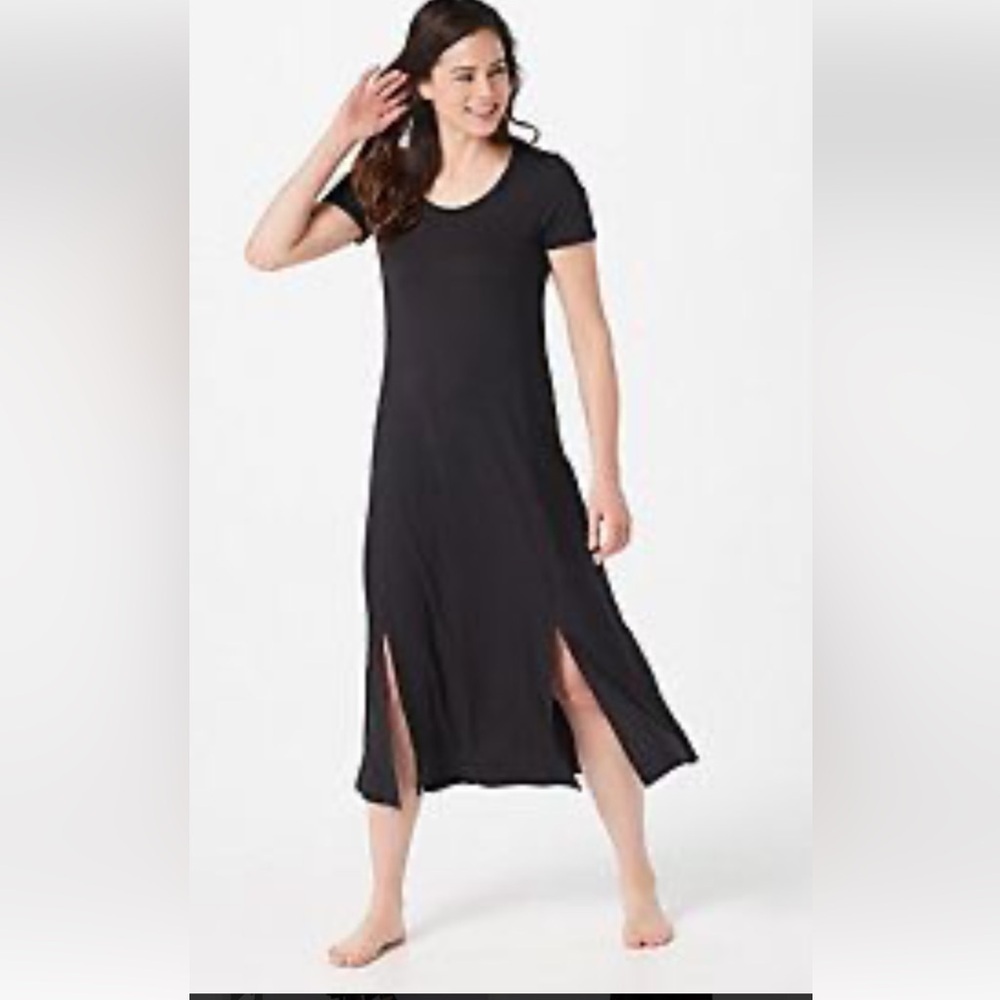 Cuddl Duds Flexwear Maxi Dress Teal Color Scoop Neck Short Sleeve Side Slits P1X - Picture 2 of 8